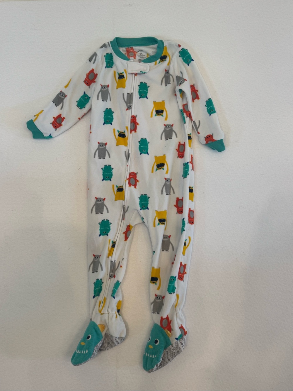 Carter's White Monster Print Footed One-Piece Pajamas with Teal Trim